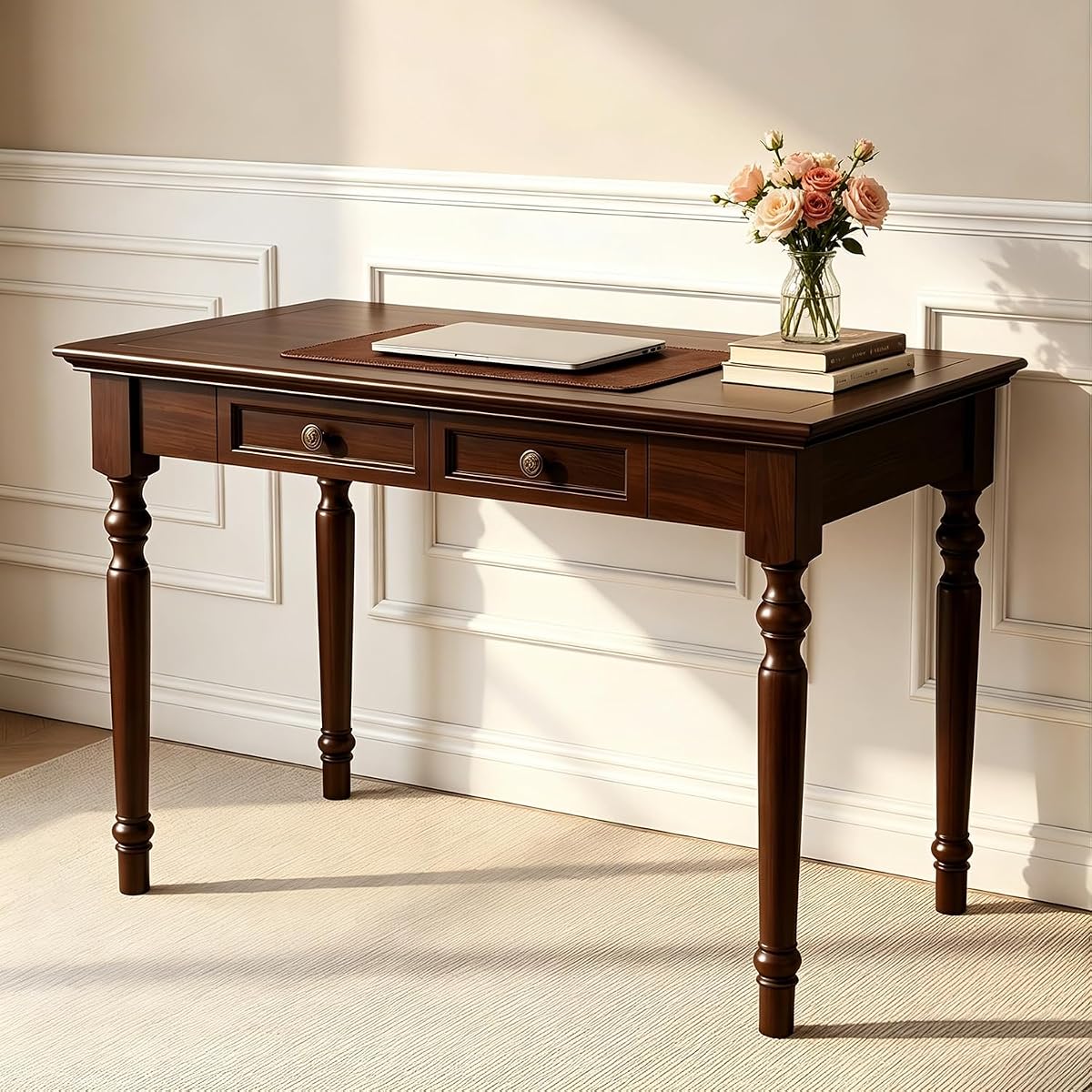French Country Style Writing Desk, 47'' Walnut Solid Wood Computer Table