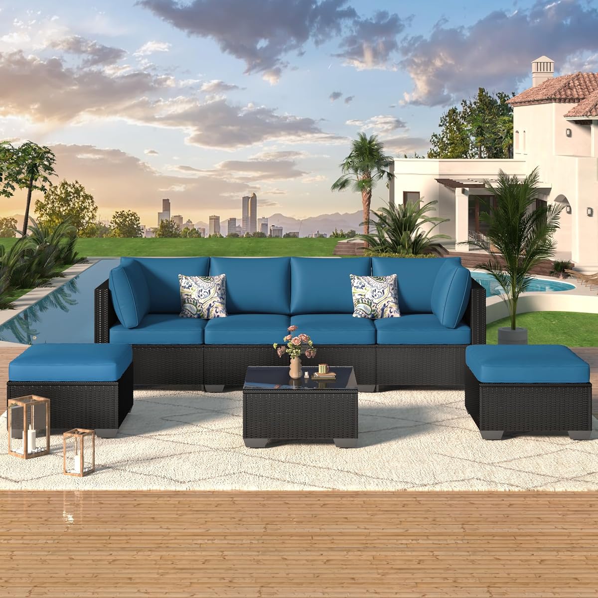 7 Piece Outdoor Patio Furniture Set, PE Rattan Outdoor Wicker Sectional Furniture Chair Set with Cushions and Tea Table, Black Rattan and Peacock Blue Cushion
