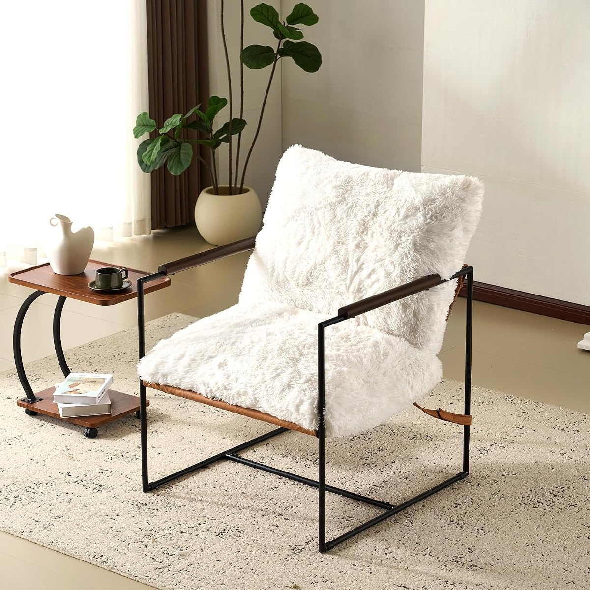 28" Wide Plush Upholstery Sling Modern Accent Chair with Metal Frame, Cute Reading Armchair with Removable Seat Cushion & Tan Microfiber Seat Base, Lazy Chair for Bedroom & Lounge, White