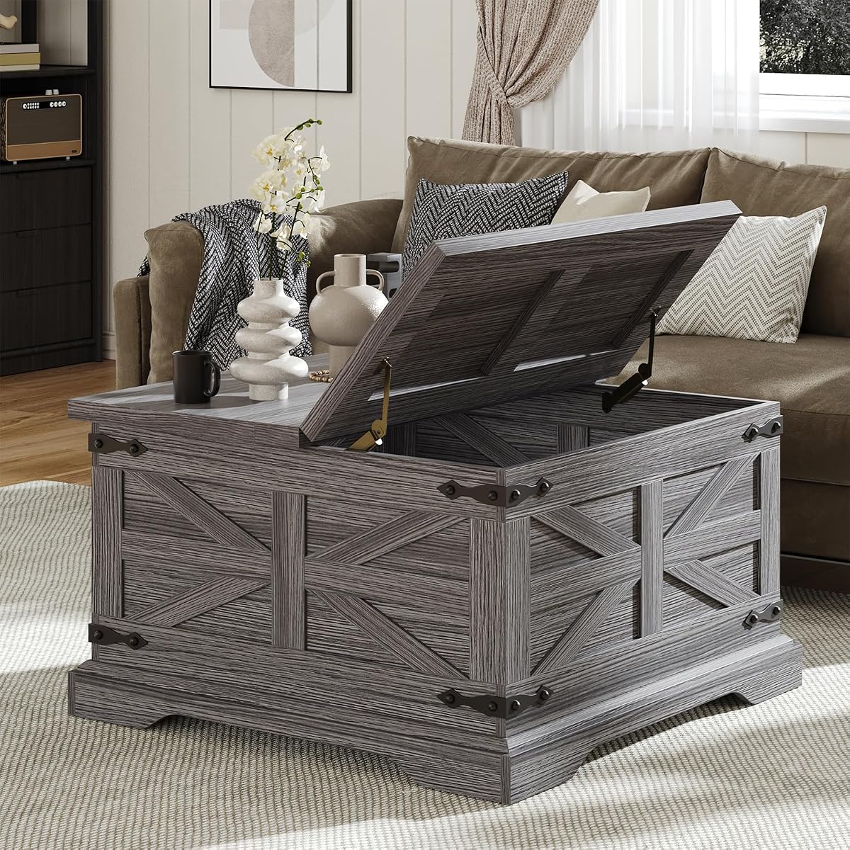 Farmhouse Coffee Table with Storage, Square Center Table for Living Room, Rustic, Hinged Lift Top Soft Close, Wood, Large Hidden Storage, Modern, Metal Corner, Grey