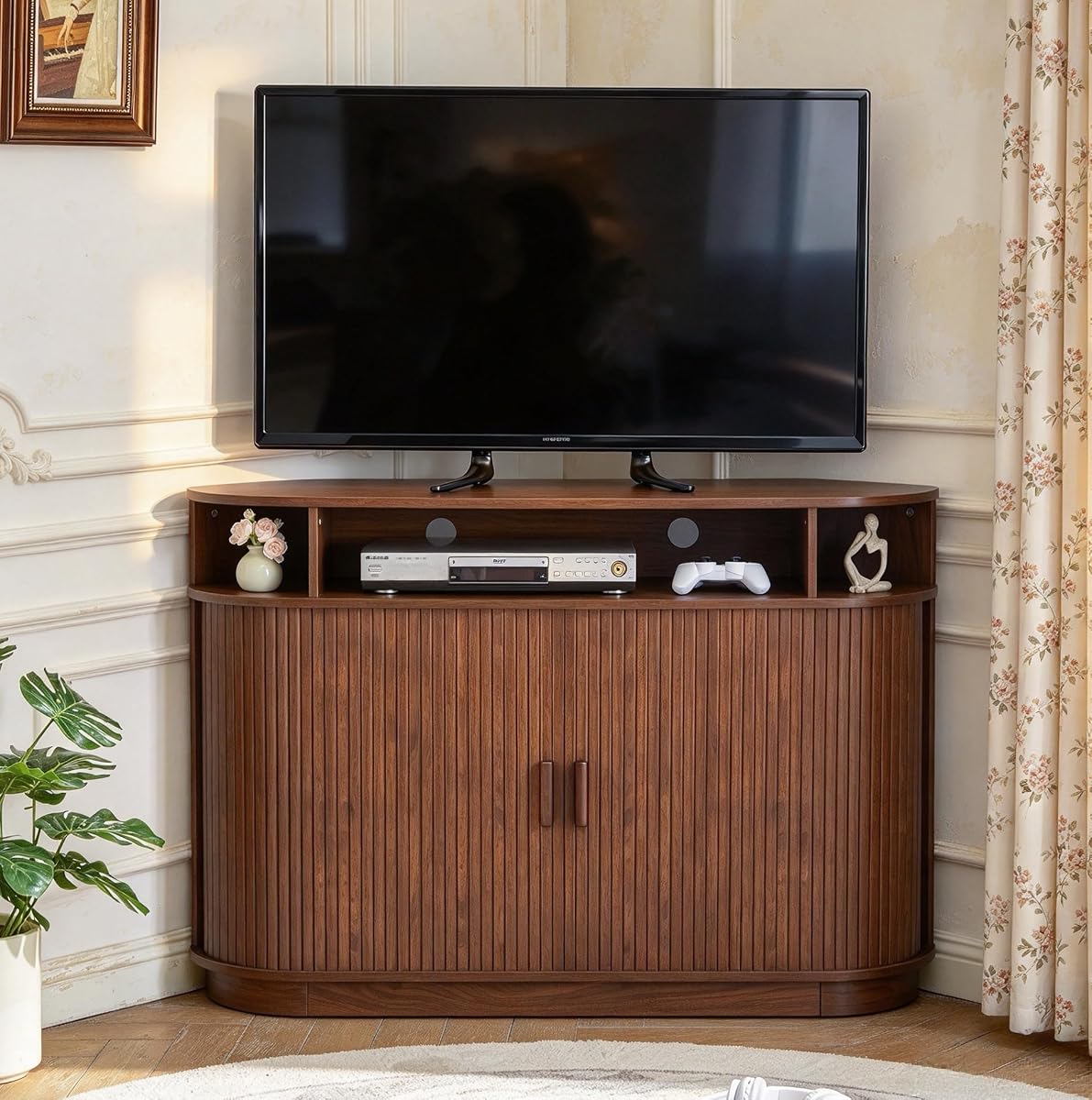 Fluted Corner TV Stand for 55"TV, Modern Corner Entertainment Center Walnut