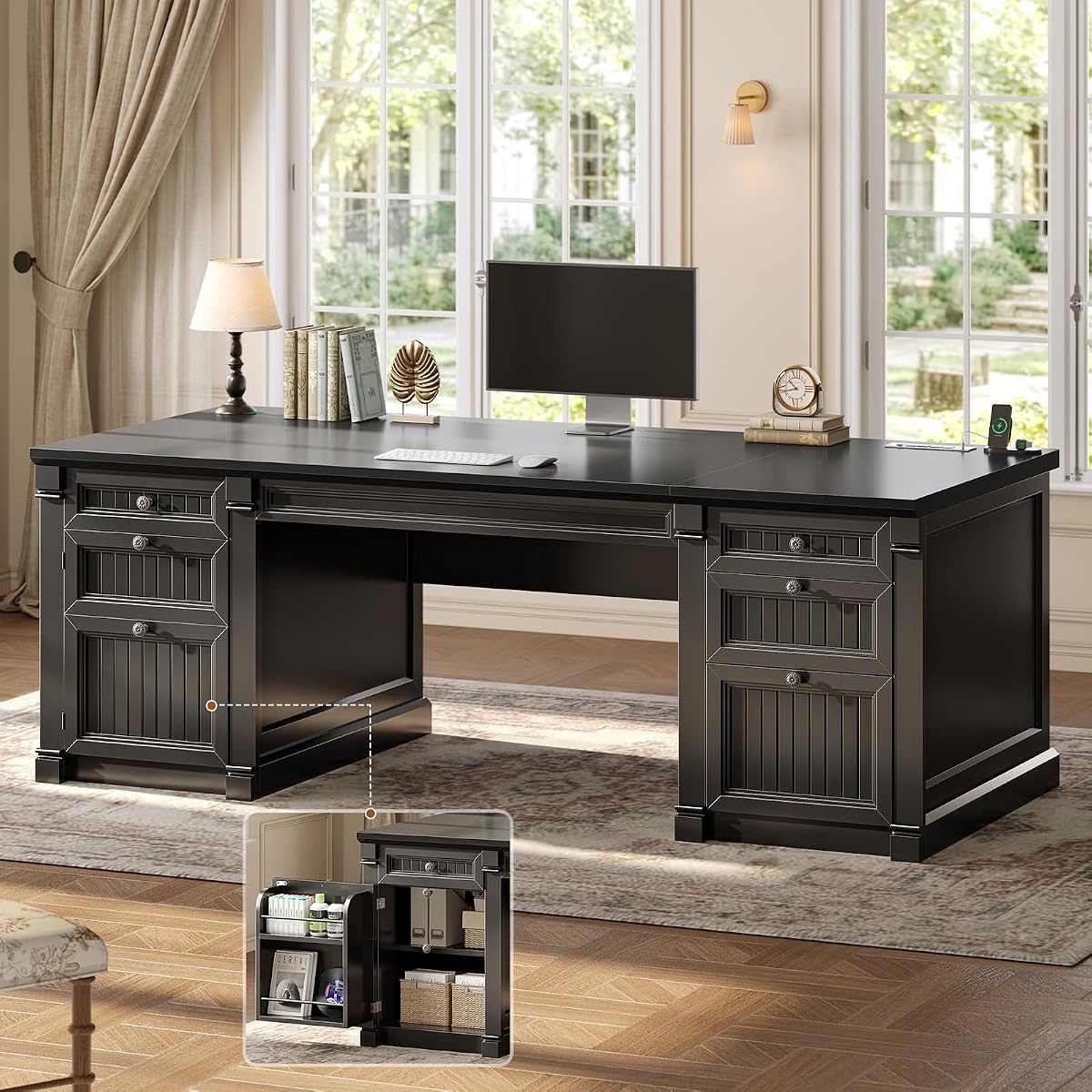 67" Office Executive Desk with 4 Drawers, Storage Cabinet & Outlet