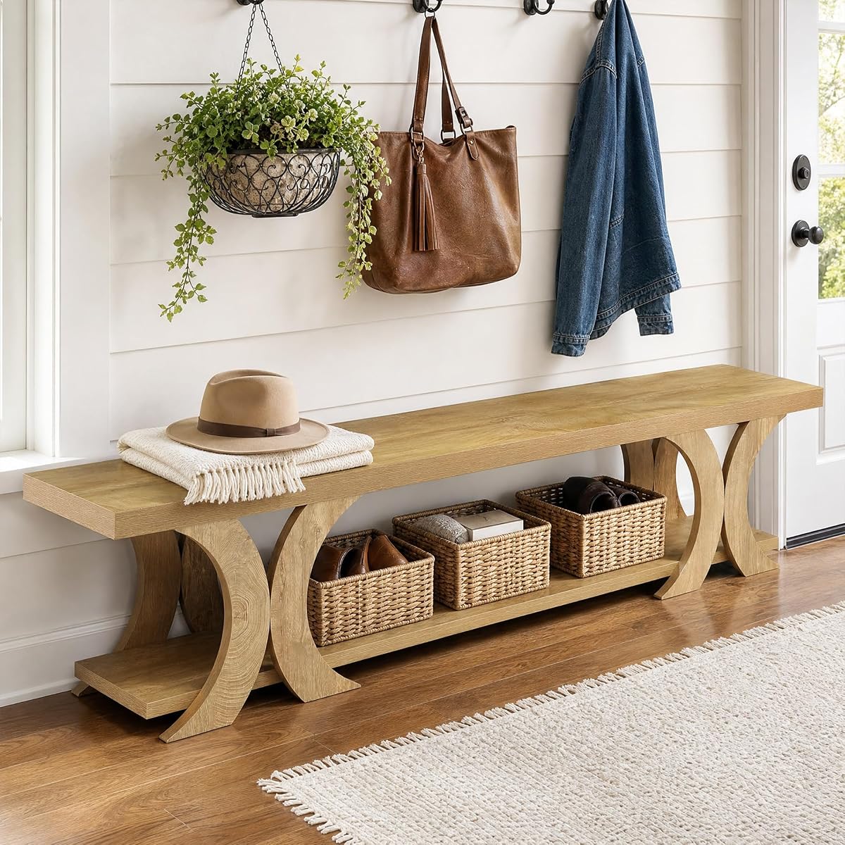 70.87" Extra Long Entryway Bench, Farmhouse Entryway Bench with Shoe Storage, Wooden Seating with Curved Legs for Living Room, Bedroom, Hallway, Foyer, Easy Assembly