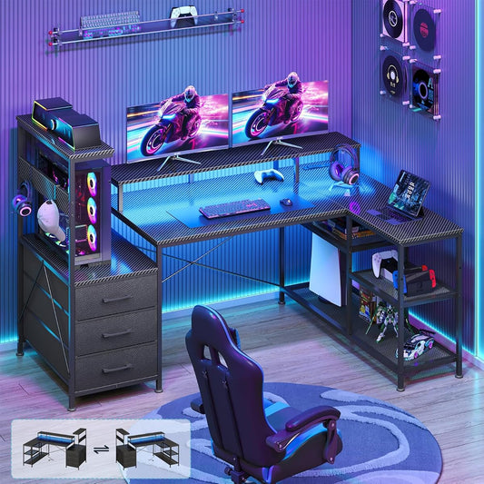 L Shaped Gaming Desk with Drawers & Storage Shelves, Corner Gaming Desk with Power Outlets & LED Light, Reversible Computer Desk with Monitor Stand & Hooks, Carbon Fiber Black