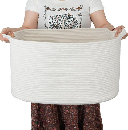 Large Rectangle Blankets Basket Living Room 22"x17"x12" Woven Cotton Rope Storage Baskets for Nursery Toy Baskets for Kids and Dogs Laundry Basket Bin for Clothes Towels white