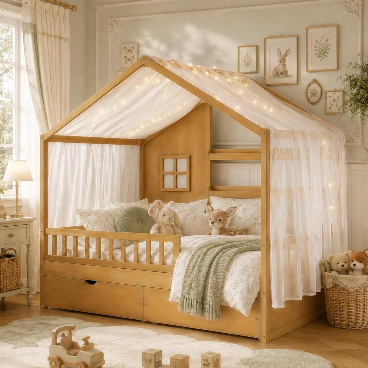 Twin House Bed for Kids with 2 Drawers & Canopy, Montessori Floor Bed with Rails