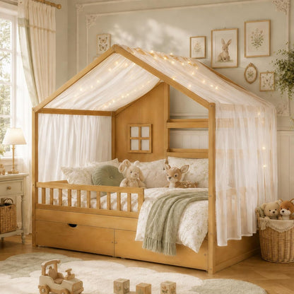 Twin House Bed for Kids with 2 Drawers & Canopy, Montessori Floor Bed with Rails