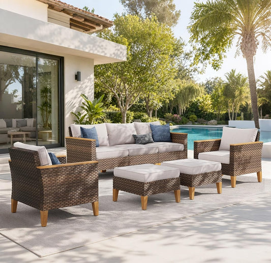 Wicker Patio Furniture Set, Outdoor Rattan Sectional Sofa 7 Piece Patio Conversation Set with 2 x Corner Sofa, 2 x Single Chairs, 1 x Armless Couch, 2 x Ottoman for Deck, Backyard