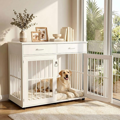 43.3" Large Dog Crate Furniture with 2 Drawers, White