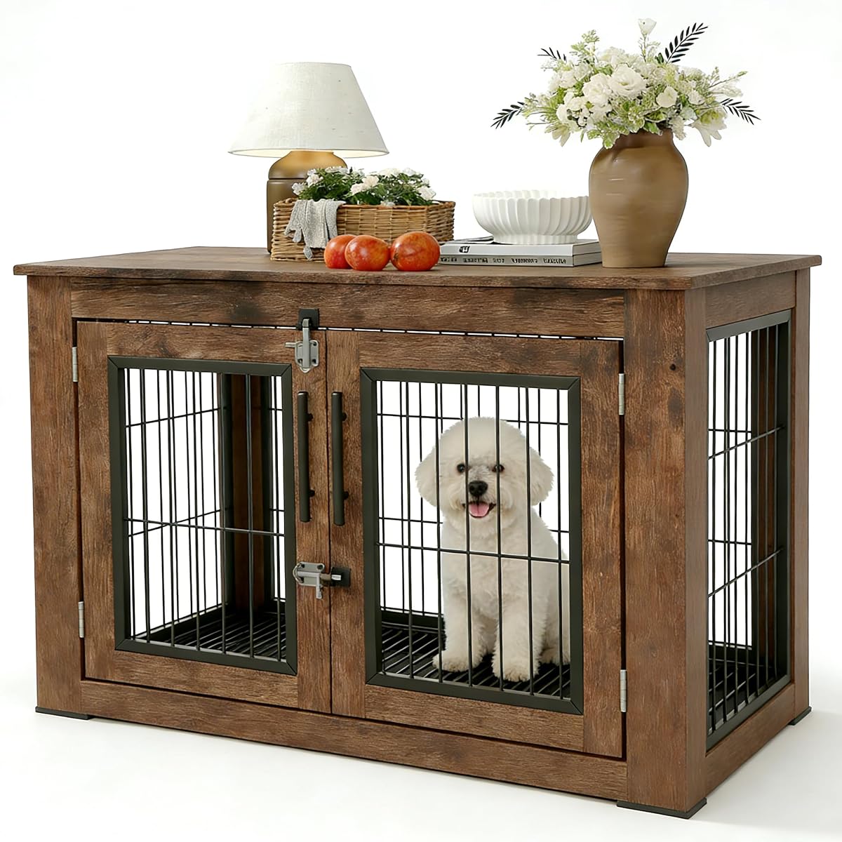 31.5" Farmhouse Dog Crate Furniture, Wooden Dog Kennel with 2 Doors