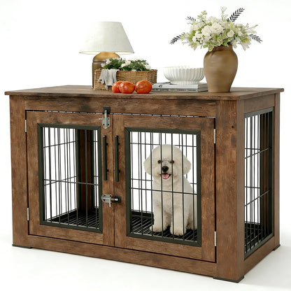 31.5" Farmhouse Dog Crate Furniture, Wooden Dog Kennel with 2 Doors