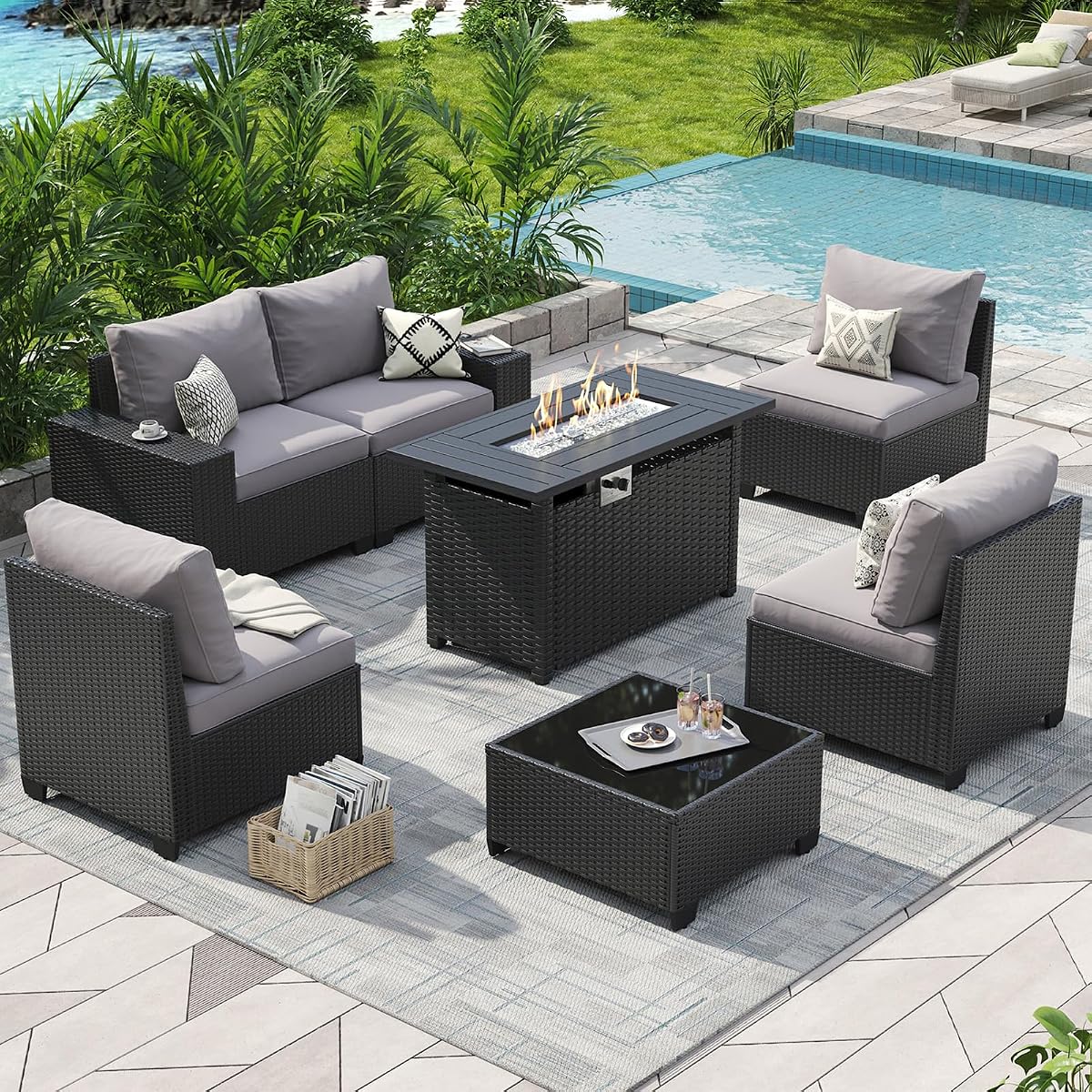 Outdoor Patio Furniture Set with 44'' Fire Pit Table, 7 Pcs Outdoor Sectional with 4in Thicken Cushion, Widen Armrests Wicker for Backyard, Grey