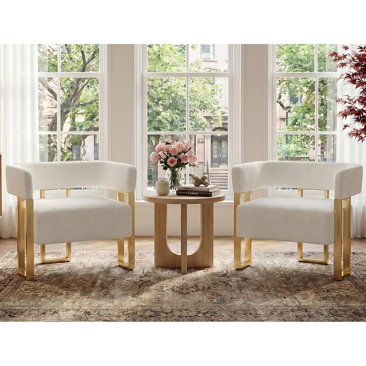 Mid Century Modern Accent Chair Set of 2, Barrel, White Boucle, Gold Leg