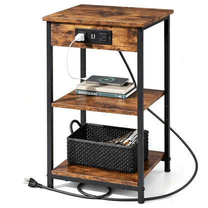 End Table with Charging Station, Small Night Stand with Storage Adjustable Shelf, Side Tables for Small Spaces, Bedside Tables for Living Room, Bedroom, Rustic Brown