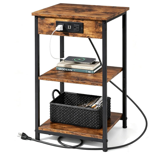 End Table with Charging Station, Small Night Stand with Storage Adjustable Shelf, Side Tables for Small Spaces, Bedside Tables for Living Room, Bedroom, Rustic Brown