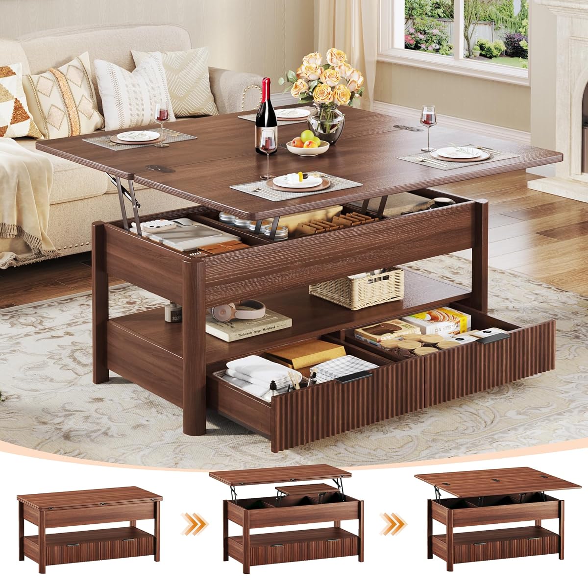 40" Lift Top Coffee Table, 4 in 1 Square Coffee Table with Storage Shelf & 2 Drawers, Modern Coffee Tables with Lift Tabletop, Converts to Dining Table for Living Room, Home Office, Walnut