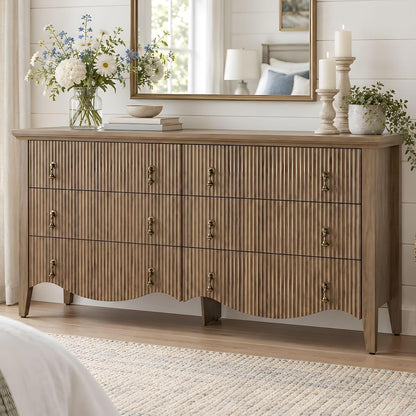 6-Drawer Fluted Dresser, 52" Wide Double Chest of Drawers,Light Oak