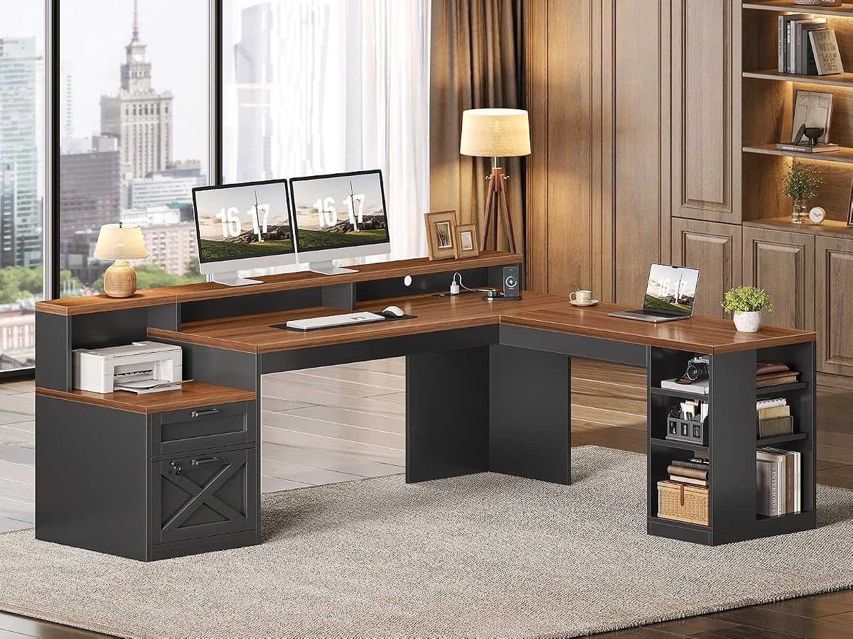 65"x59" L Shaped Desk with Lockable Drawers Storage for Home Office