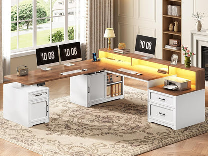 Farmhouse L Shaped Standing Electric Desk with Storage, White