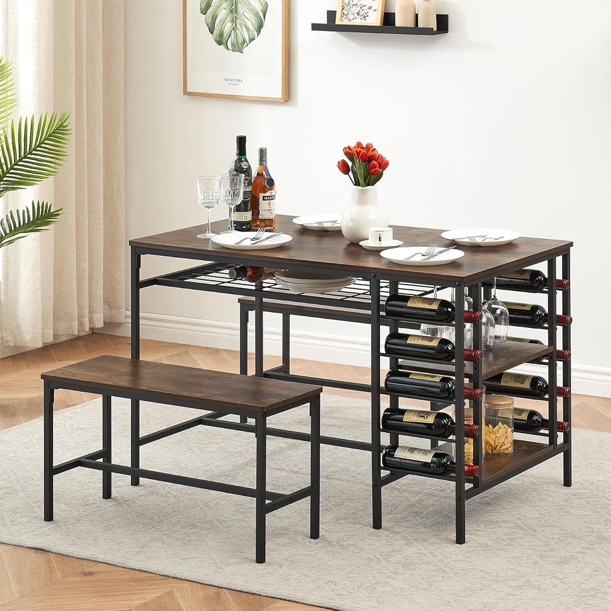 Dining Table Set for 4, Kitchen Table Set for 4 with 2 Benches, 3 Piece Dining Room Table Set for Small Space Apartment, Retro Brown