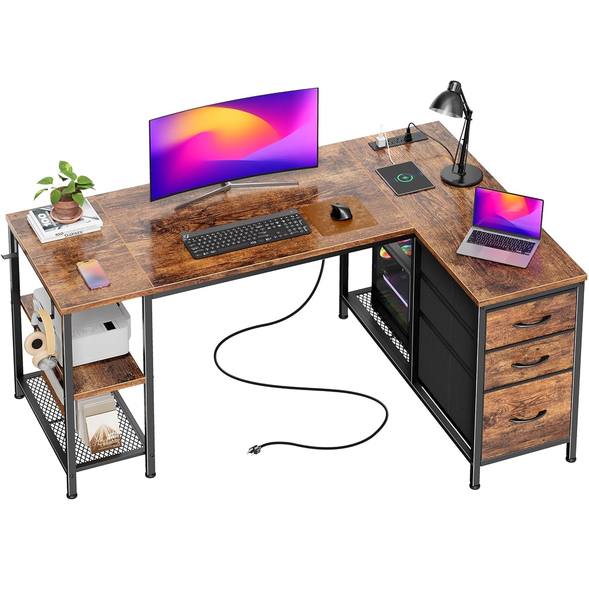 47.2'' L Shaped Office Desk with Power Outlets and 3 Drawers