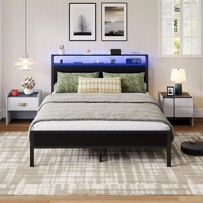 Full Bed Frame with LED Lights and Charging Station