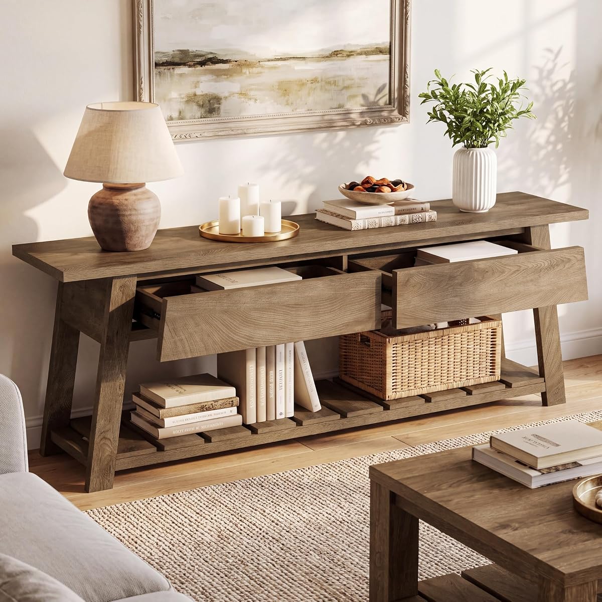 63" Farmhouse TV Stand with 2 Storage Drawers for 65-Inch TV