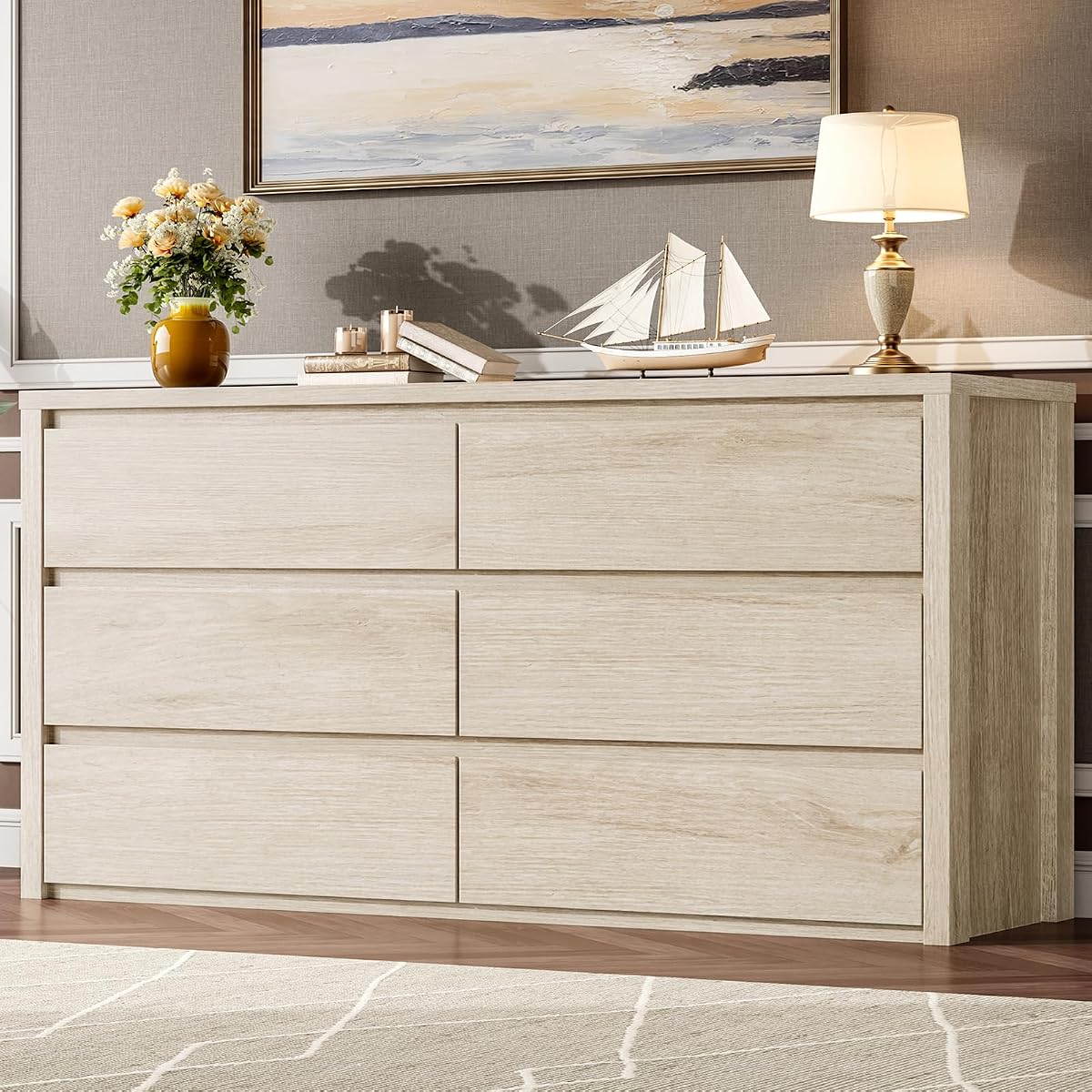 6 Drawer Dresser for Bedroom, Wood Chest of Drawers Handle Free