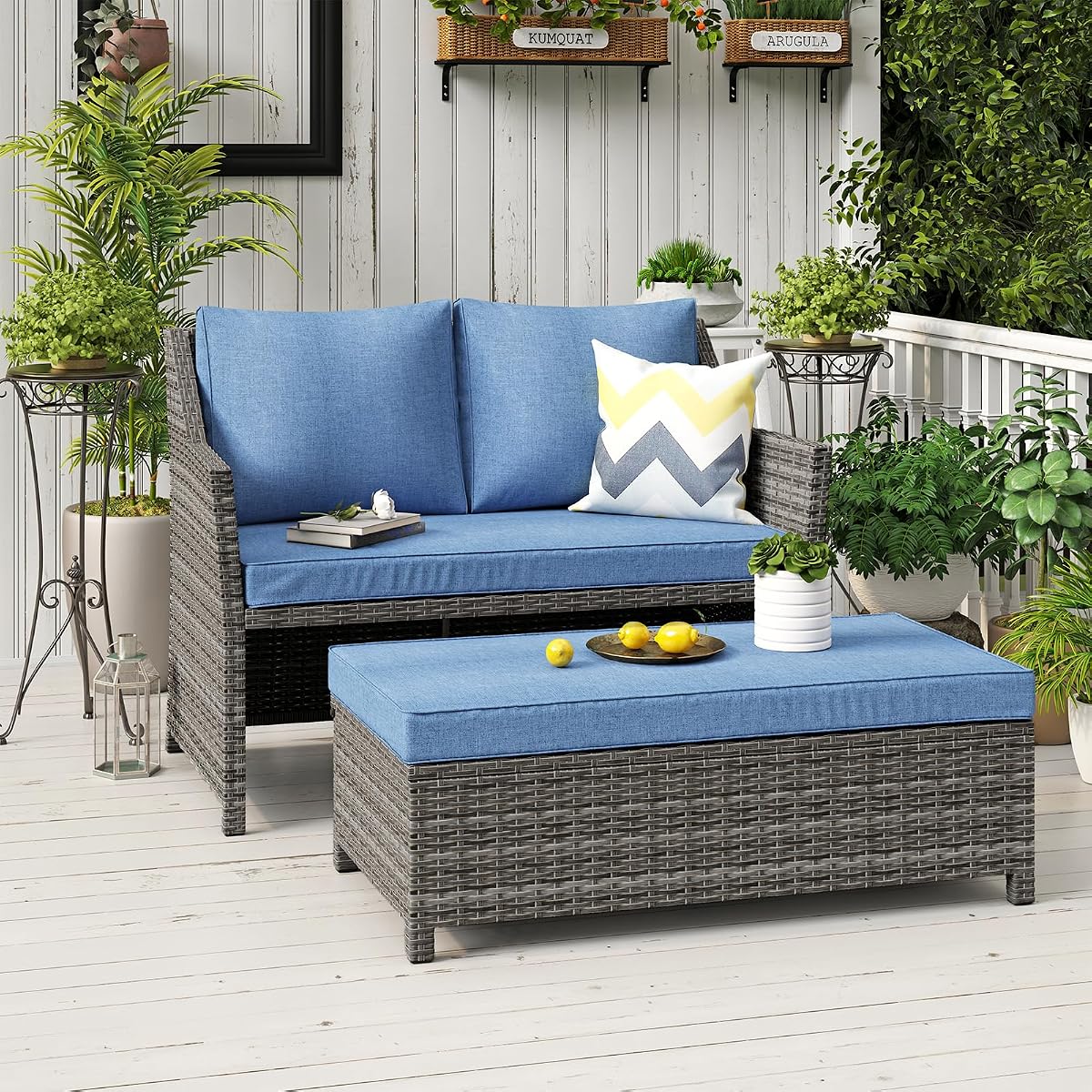 2-Piece Outdoor Patio Furniture Wicker Love-seat and Coffee Table Set, with Built-in Storage Bin, Grey Rattan, Navy Blue Cushions