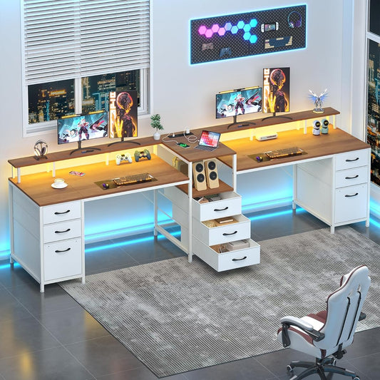 98.4" Long Computer Desk with 9 Drawers, 2 Person Gaming Desk with LED Lights & Power Outlet, Two Person Home Office Desk with Storage, Printer Shelf ＆ Monitor Stand, Brown and White