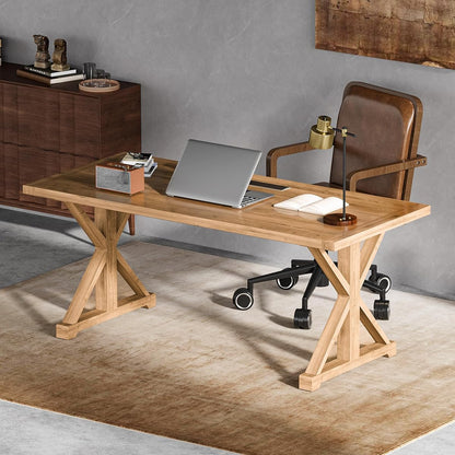 59.1" Solid Wood Executive Desk, Rustic Farmhouse Home Office Desk with X-Trestle Base, Compact Writing & Computer Table for Home Office or Study Room