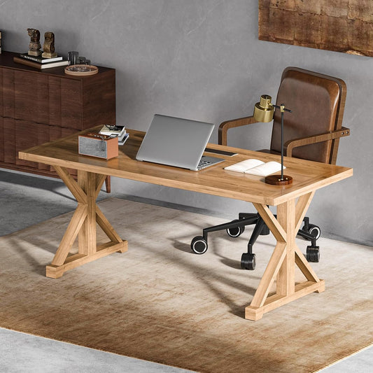 59.1" Solid Wood Executive Desk, Rustic Farmhouse Home Office Desk with X-Trestle Base, Compact Writing & Computer Table for Home Office or Study Room