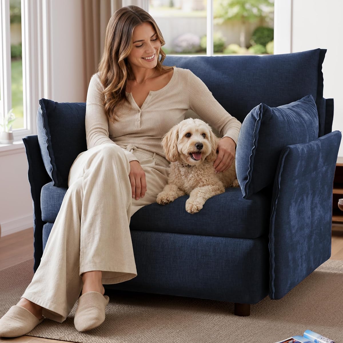 Oversized Accent Chair,Upholstered Comfy Wide Reading Armchair,Blue