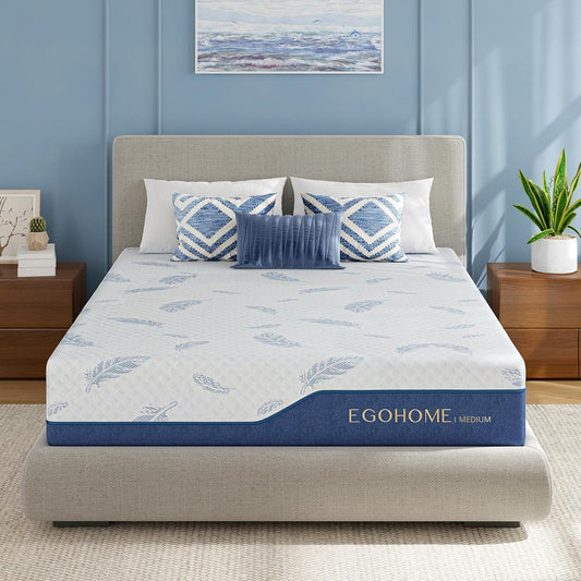 EGOHOME Medium Queen Mattress 12 Inch Memory Foam Mattresses Bed in a Box with Gel Foam and Removeable Fiberglass Free Cover for Cool Sleep and Back Pain Relief, CertiPUR-US Certified, Blue