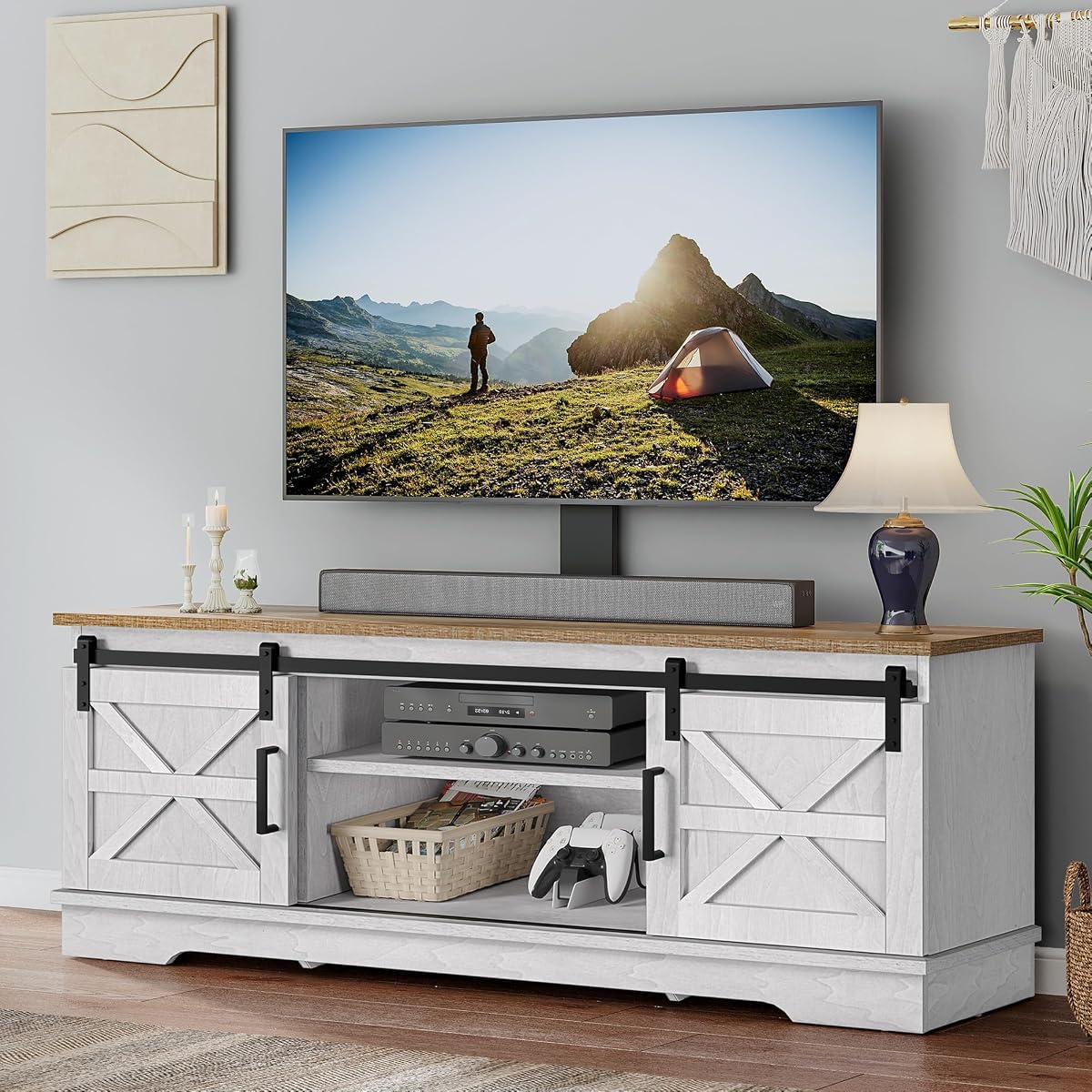Farmhouse TV Stand for Living Room with Mount, White/Grey Wash