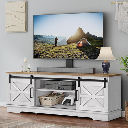 Farmhouse TV Stand for Living Room with Mount, White/Grey Wash