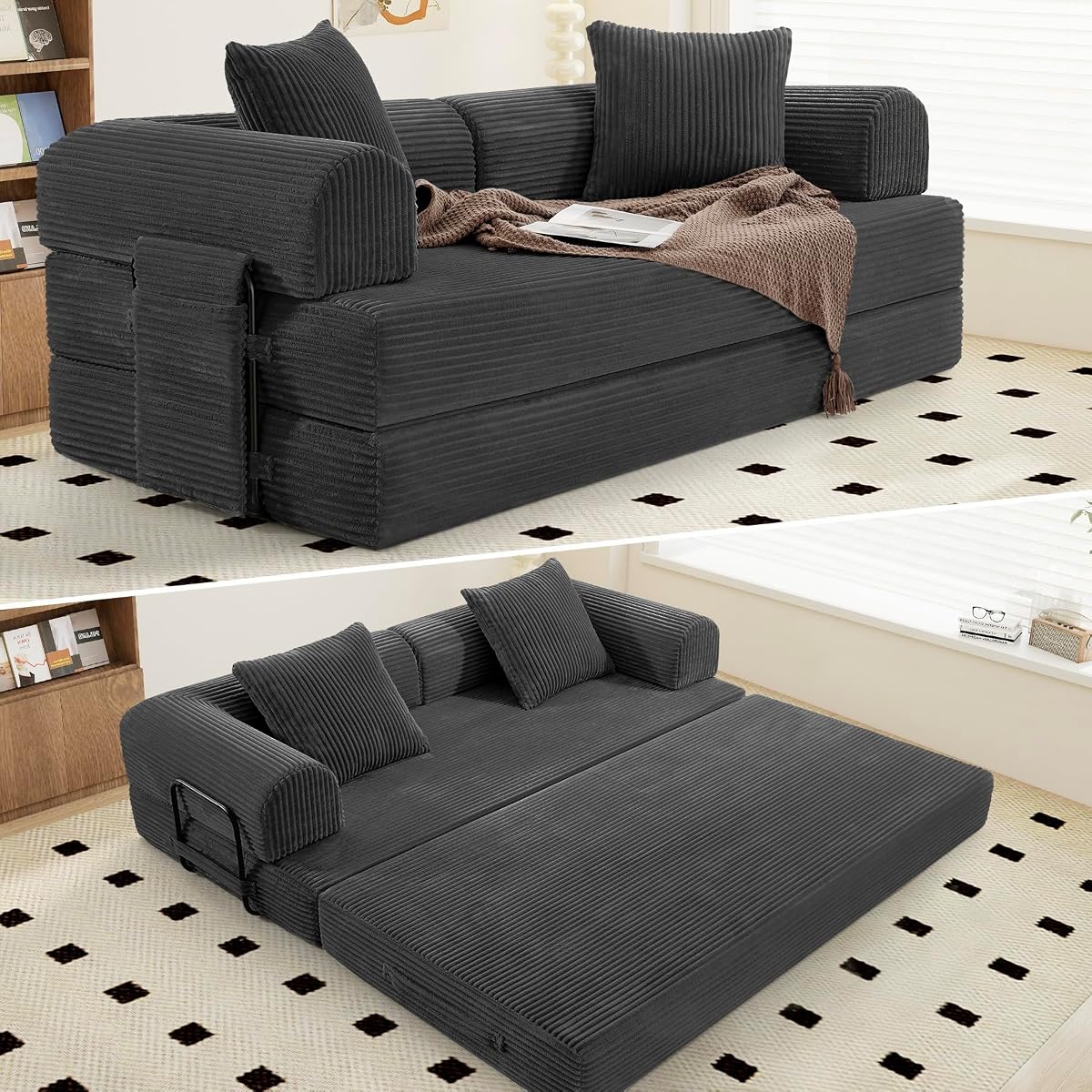 Convertible Coarser Corduroy Sleeper Sofa Bed with Cylindrical Pillow, Folding Mattress Couch with Fixed-Shape Frame, Floor Sofa Lounge Couch for Living Room Bedroom Lounge Studio, Dark Grey