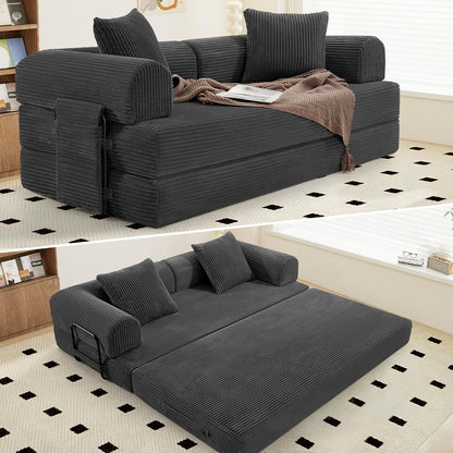 Convertible Coarser Corduroy Sleeper Sofa Bed with Cylindrical Pillow, Folding Mattress Couch with Fixed-Shape Frame, Floor Sofa Lounge Couch for Living Room Bedroom Lounge Studio, Dark Grey