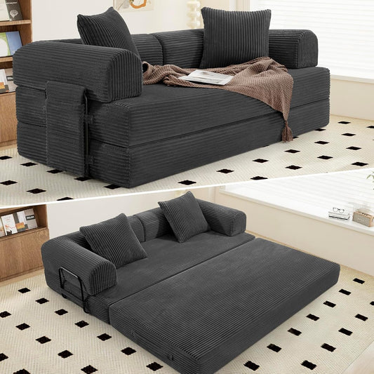 Convertible Coarser Corduroy Sleeper Sofa Bed with Cylindrical Pillow, Folding Mattress Couch with Fixed-Shape Frame, Floor Sofa Lounge Couch for Living Room Bedroom Lounge Studio, Dark Grey