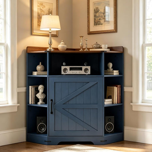 Corner Storage with Charging Station, Blue Holds Up to 43‑Inch TV
