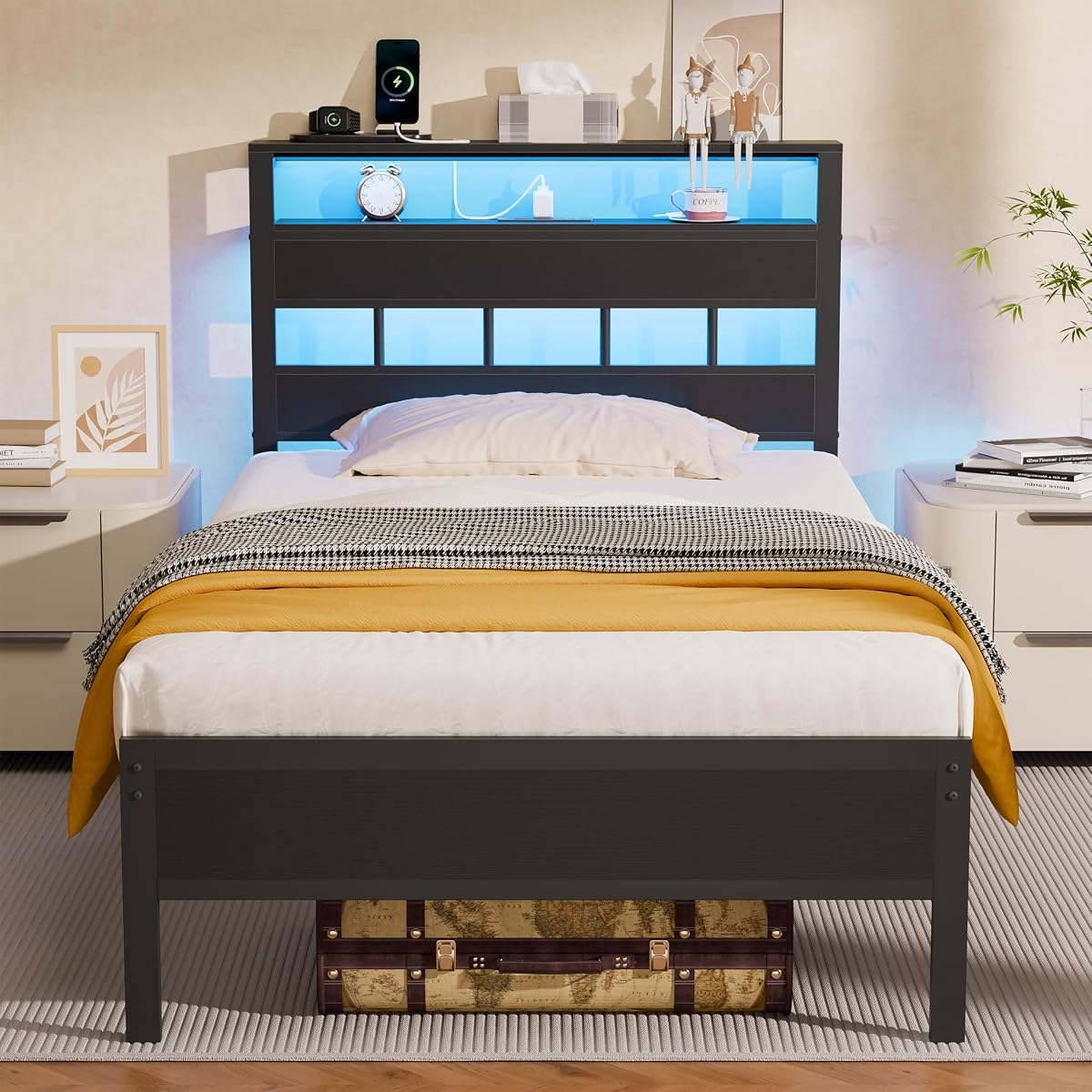 Twin Bed Frames with Charging Station and LED Lights, Black Oak