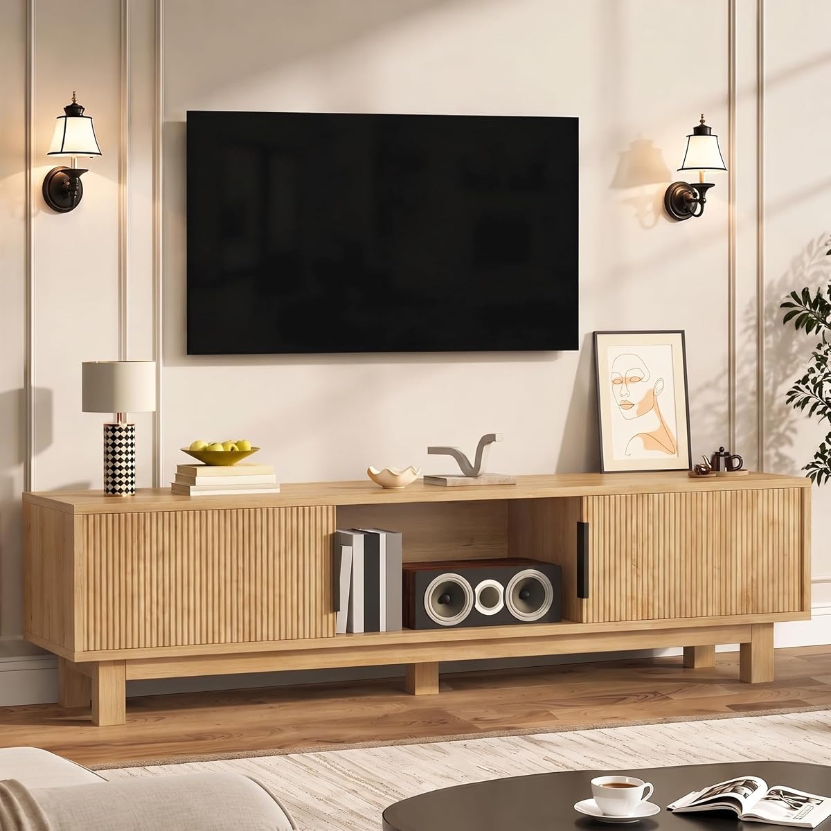Fluted TV Stand, Mid-Century Media Console for TVs up to 65", Natural