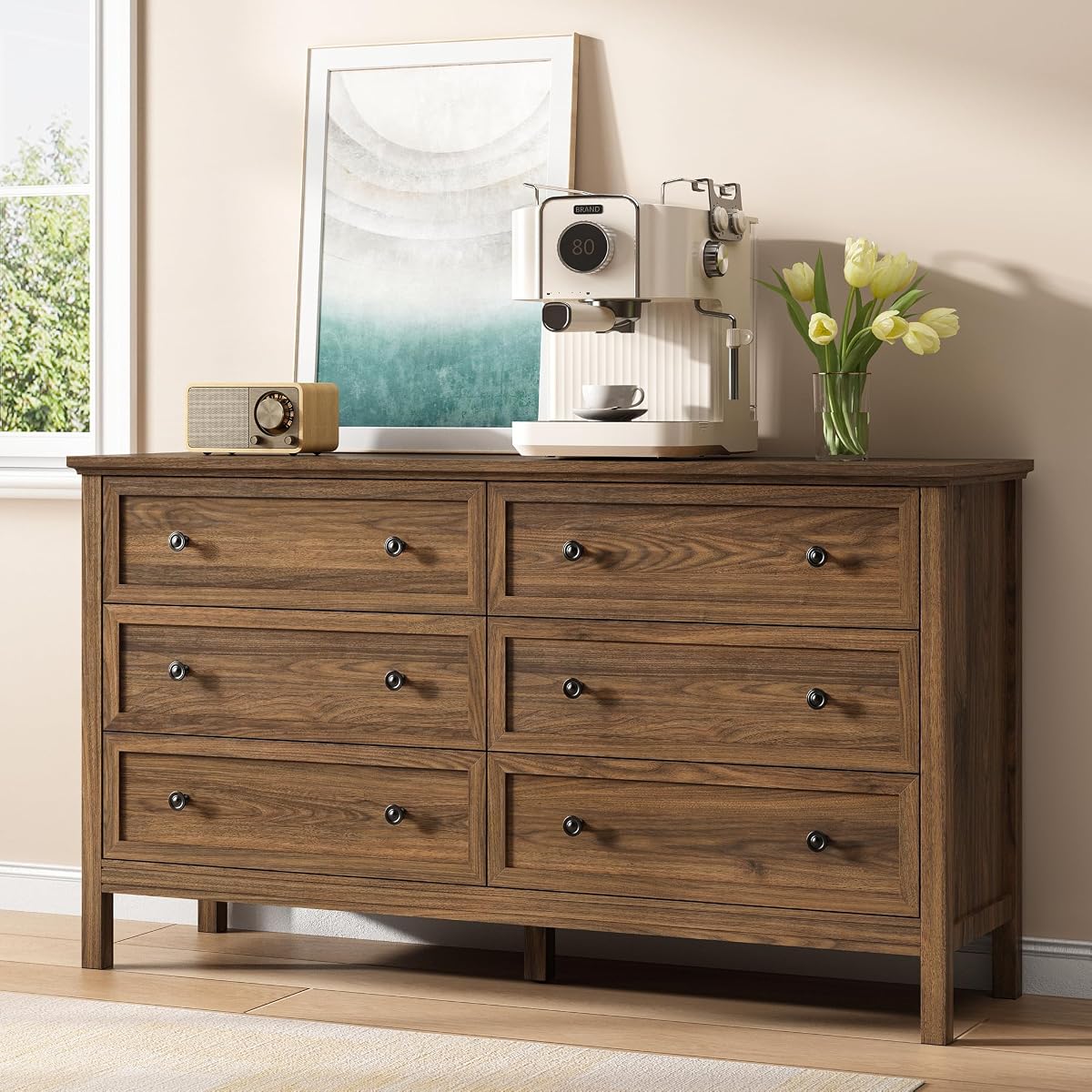 55'' Walnut Dresser with 6 Drawers for Bedroom