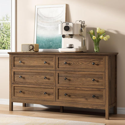 55'' Walnut Dresser with 6 Drawers for Bedroom