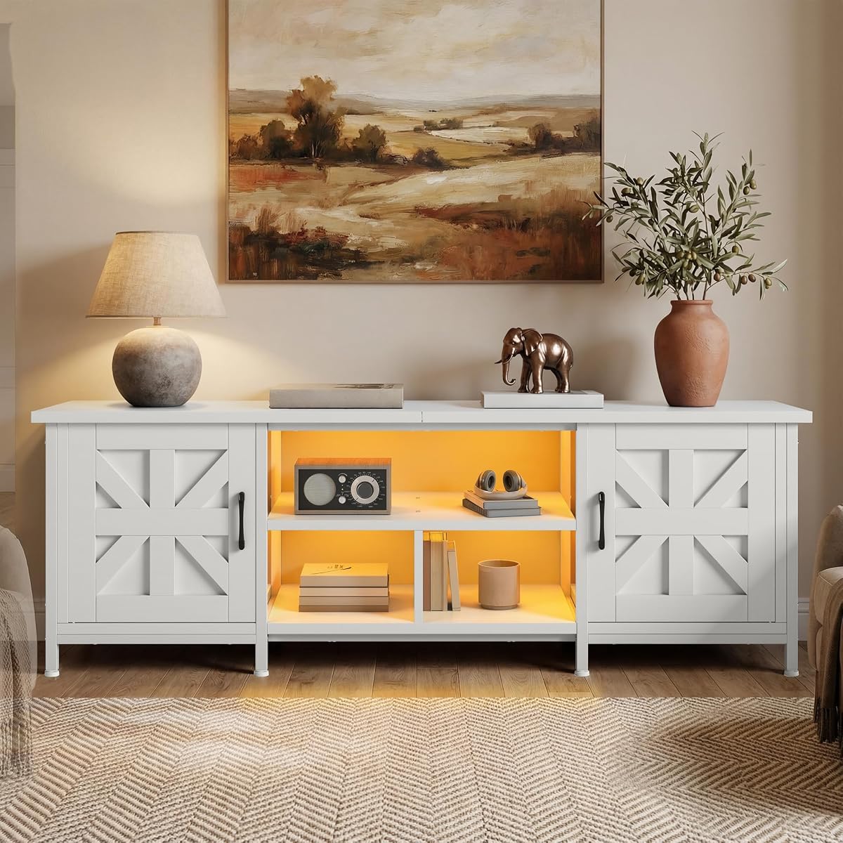 Farmhouse TV Stand with Power Outlets for TVs up to 75 Inch, White
