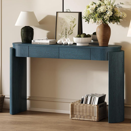 Modern Entryway Console Table with Storage Drawers, 55.1-Inch Oval Fluted Slim Entry Sofa Table for Living Room Entrance Hallway, Navy
