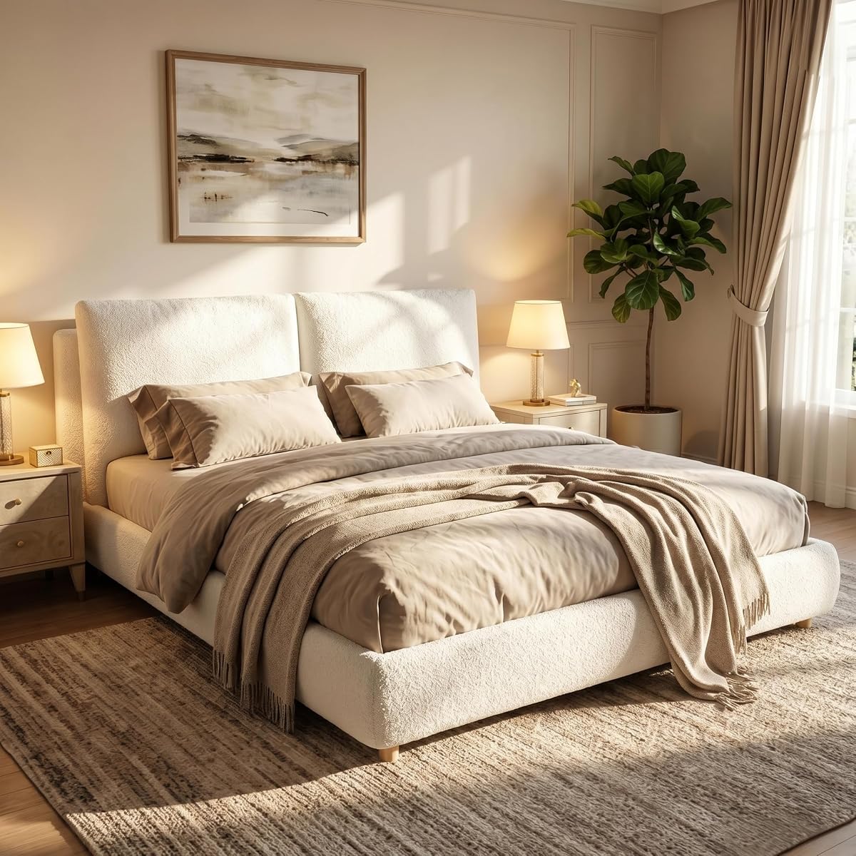 Queen Boucle Upholstered Bed, 2 Removable Headboard Pillows, White