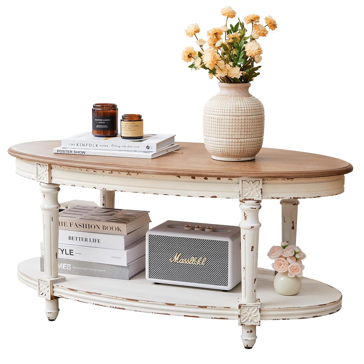 39" French Country Two Tone Oval Coffee Table,Chipped White Vintage 2 Tier Center Table with Storage for Living Room Office,Tool-Free Assembly (White)