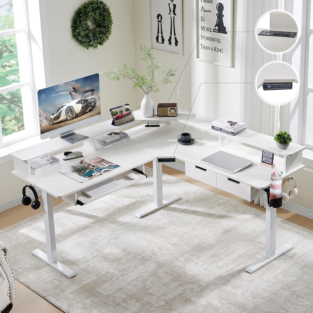 60 Inches L Shaped Electric Standing Desk, Height Adjustable Corner Gaming Desk with Drawers, Keyboard Tray, Power Outlets & LED Lights, Computer Desk with Monitor Shelf, Antique White