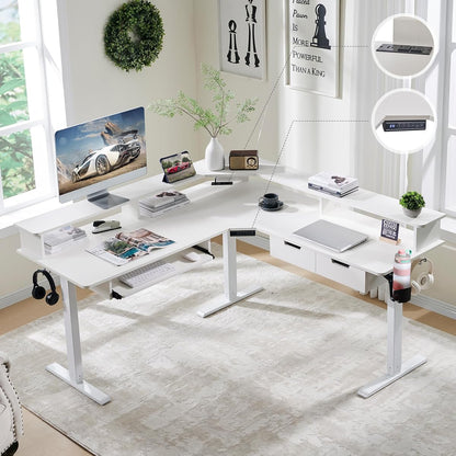60 Inches L Shaped Electric Standing Desk, Height Adjustable Corner Gaming Desk with Drawers, Keyboard Tray, Power Outlets & LED Lights, Computer Desk with Monitor Shelf, Antique White